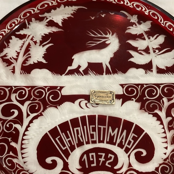 EGERMANN Ruby Red Cut to Clear Crystal Plate Christmas 1972 Stag - Picture 8 of 8